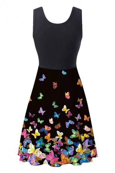 Fancy Ladies Sleeveless Round Neck Butterfly Patterned Short A-Line Pleated Tank Dress in Black