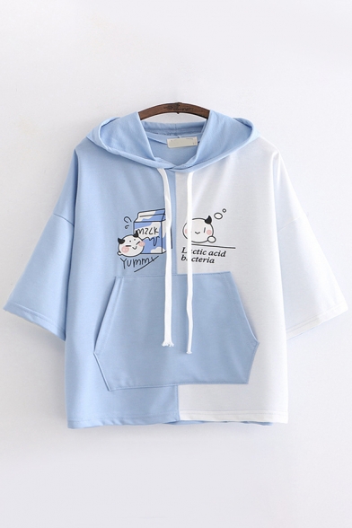 Fashionable Girls Three-Quarter Sleeve Drawstring Letter YUMMY Cartoon Graphic Colorblock Relaxed Fit Hooded Tee