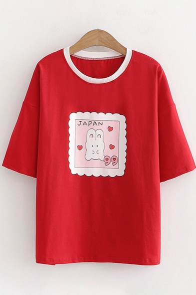 Girls Cute Kawaii Short Sleeve Round Neck Letter JAPAN Rabbit Graphic Contrasted Relaxed Tee Top