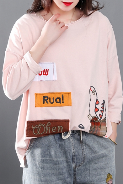 Girls Stylish Long Sleeve Round Neck Letter HOW ROA WHEN Dinosaur Embroidered Distressed Asymmetric Roll Edge Patchwork Relaxed Fit T-Shirt