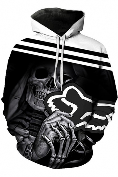 Hip Hop Boys Long Sleeve Drawstring Striped Skull Printed Colorblock Loose Hoodie in Black