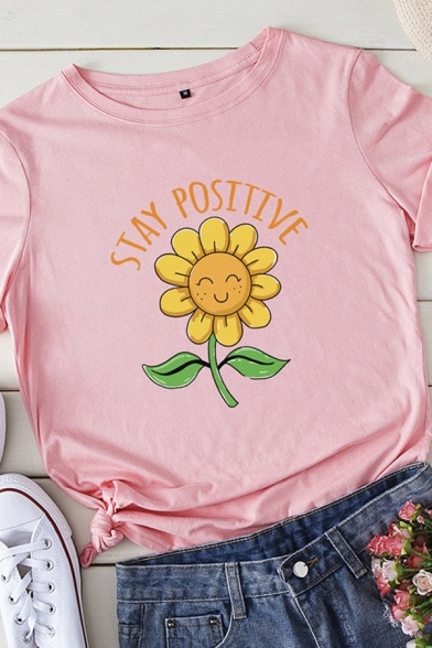 Ladies Fashion Roll Up Sleeve Round Neck Letter STAY POSITIVE Sunflower Graphic Regular Fit T-Shirt