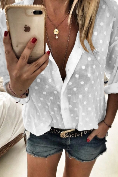 Leisure Womens Long Sleeve Lapel Neck Button Down Polka Dot Semi-Sheer Relaxed Fit Shirt