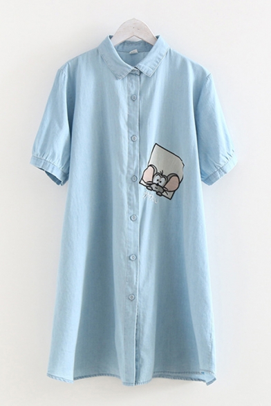 Lovely Girls Short Sleeve Lapel Neck Single Breasted Mouse Embroidered Midi A-Line Shirt Dress
