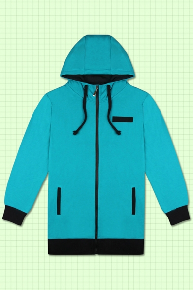 Popular Girls Long Sleeve Hooded Drawstring Zipper Front Contrasted Relaxed Hoodie in Blue