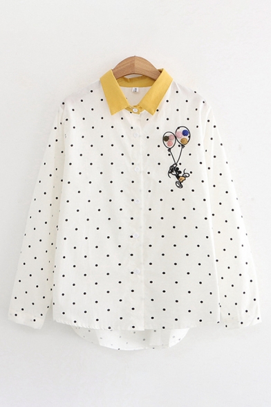 Pretty Girls Long Sleeve Lapel Collar Button Down Balloon Embroidery Contrasted Striped Polka Dot Curved Hem Shirt in White