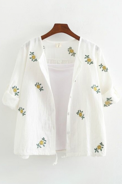 Pretty Leisure Long Sleeve Round Neck Button Down All Over Flower Embroidered Relaxed Cardigan for Women