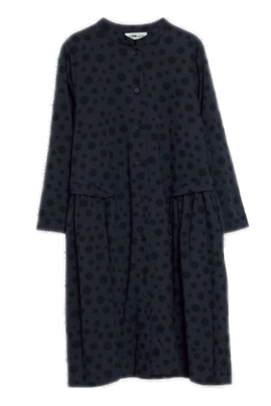 Simple Leisure Roll Up Sleeve Stand Collar Button Down Polka Dot Printed Cotton and Linen Long Oversize Dress for Women