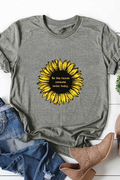 Simple Womens Roll Up Sleeve Crew Neck Sunflower Letter Pattern Slim Fit T Shirt