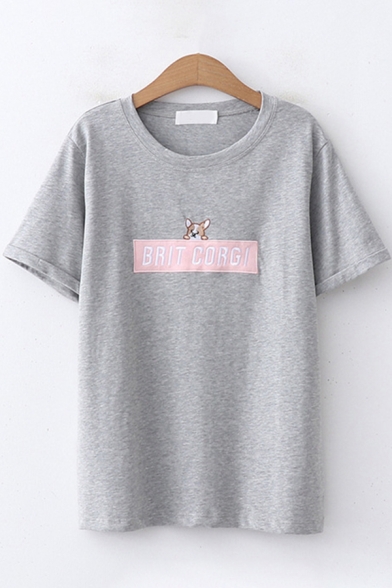 Simple Womens Short Sleeve Round Neck Letter BRIT CORGI Dog Embroidery Relaxed Fit T-Shirt