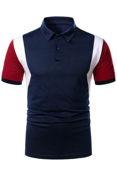 Trendy Guys Short Sleeve Lapel Neck Button Up Color Block Fitted Polo Shirt