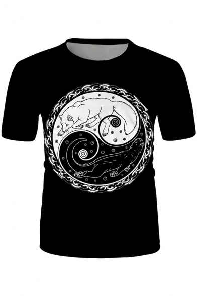 Basic Mens Short Sleeve Crew Neck Yin Yang Wolf Printed Relaxed Fit Tee