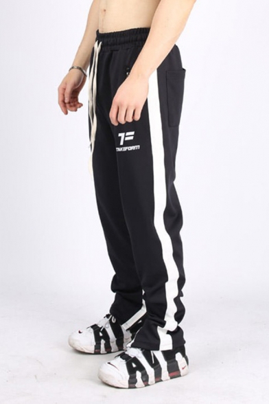 Casual Mens Training Drawstring Waist Letter Printed Contrast Piped Long Length Relaxed Sweatpants