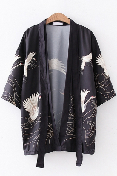 Casual Popular Three-Quarter Sleeve Cartoon Crane Printed Relaxed Fit Sun Protection Kimono Cardigan