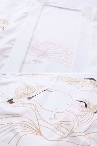 Casual Popular Three-Quarter Sleeve Cartoon Crane Printed Relaxed Fit Sun Protection Kimono Cardigan