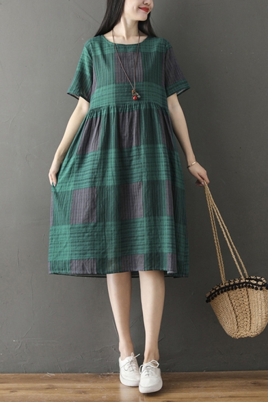 Casual Womens Short Sleeve Round Neck Plaid Patterned Striped Ruched Linen Mid Oversize Babydoll Dress