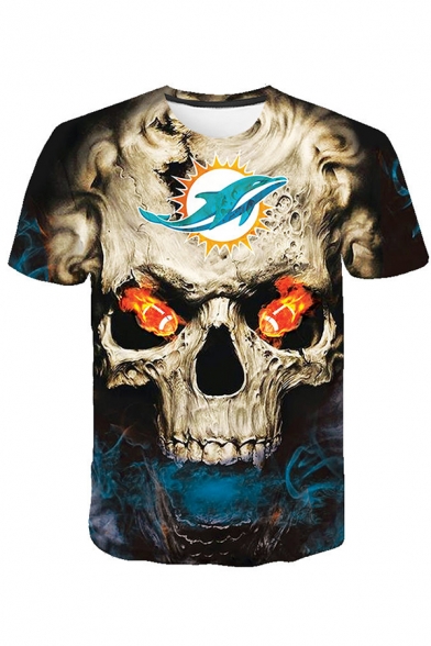 Chic Street Mens Short Sleeve Crew Neck Skull Dolphin Printed Loose T-Shirt