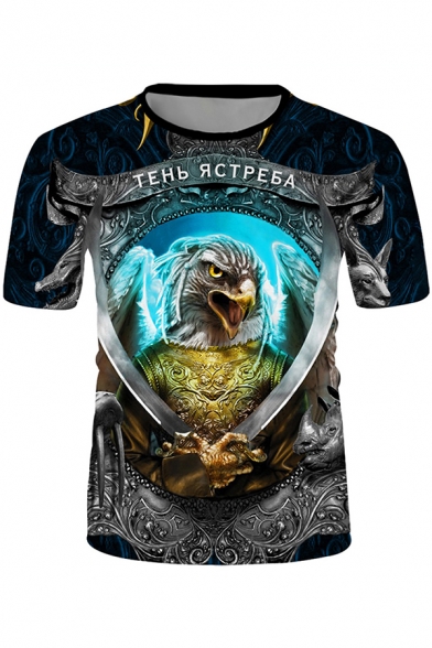 Cool Stylish Boys Short Sleeve Crew Neck Letter Eagle 3D Printed Relaxed Fit T Shirt in Black