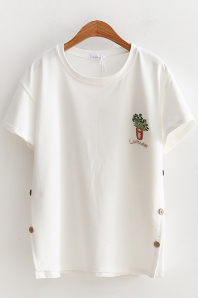 Cute Fashion Girls Short Sleeve Round Neck Planet Letter Embroidered Button Sides Relaxed Fit T-Shirt