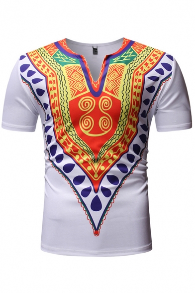 Ethnic Africa Style Short Sleeve V-Neck Floral Printed Slim Fit T-Shirt in White