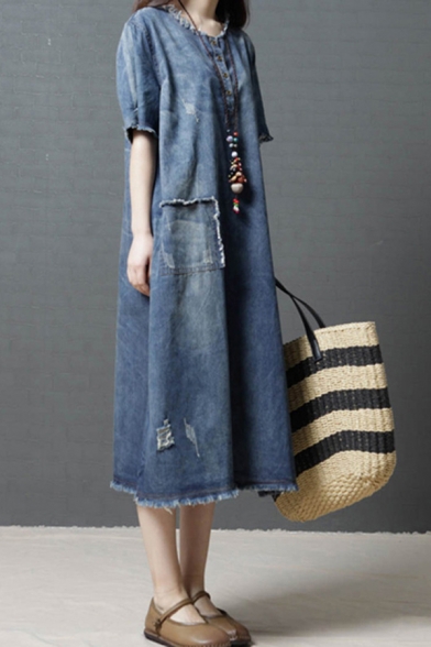 Fashion Denim Blue Short Sleeve Round Neck Raw Edge Slit Side Patchwork Maxi Oversize Denim Dress for Girls