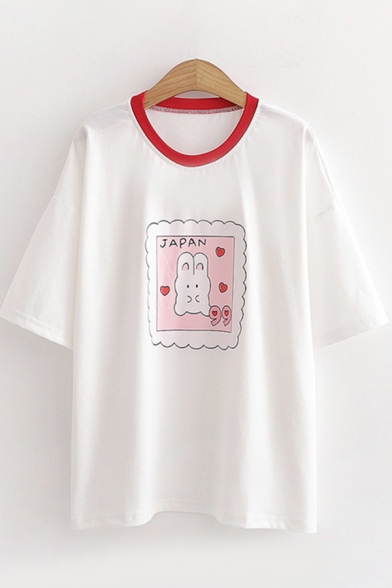 Girls Cute Kawaii Short Sleeve Round Neck Letter JAPAN Rabbit Graphic Contrasted Relaxed Tee Top