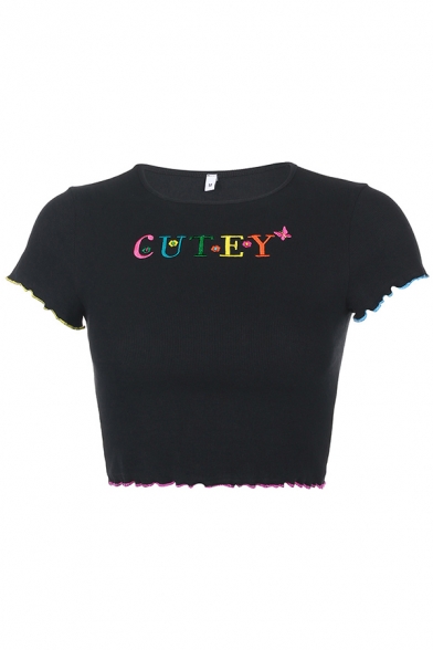 Girls Fashionable Short Sleeve Crew Neck CUTEY Letter Embroidered Stringy Selvedge Fitted Crop T-Shirt in Black
