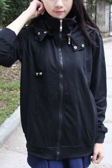 Girls Popular Long Sleeve Stand Collar Zipper Front Solid Color Loose Hoodie in Black