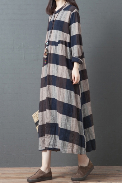 Leisure Simple Womens Long Sleeve V-Neck Button Up Stripe Printed Linen Maxi Oversize Dress