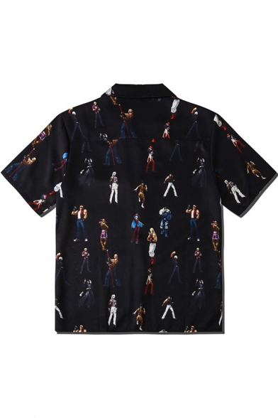 Popular Game The King of Fighters Short Sleeve Lapel Neck Button Down All Over Cartoon Character Print Regular Fit Shirt in Black