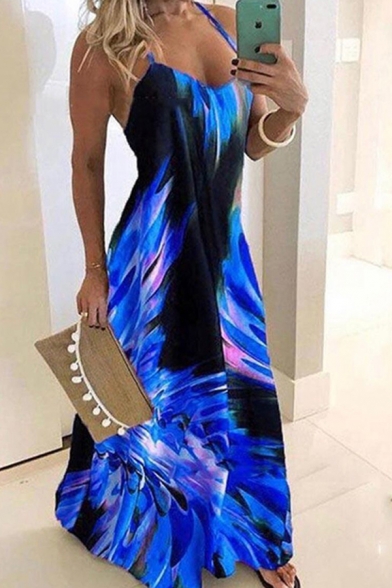 Pretty Ladies Sleeveless Floral Printed Color Block Long A-Line Cami Dinner Dress