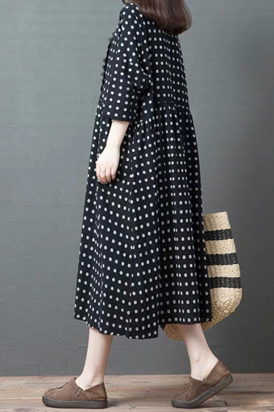 Retro Womens Three-Quarter Sleeve Round Neck Polka Dot Printed Lace Patched Linen and Cotton Maxi Swing Dress