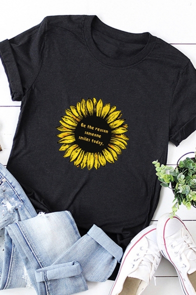 Simple Womens Roll Up Sleeve Crew Neck Sunflower Letter Pattern Slim Fit T Shirt