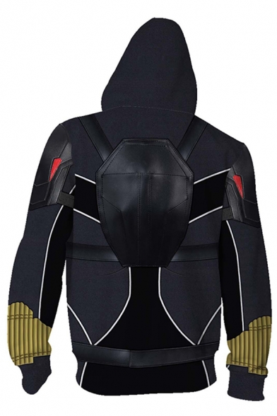 Super Hero Black Widow Cosplay Geometric 3D Pattern Zip Up Drawstring Loose Hoodie in Black