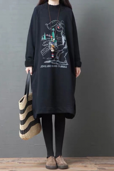 Trendy Girls Roll Up Sleeves Crew Neck Cartoon Letter Graphic Sherpa Liner Midi Oversize Dress in Black