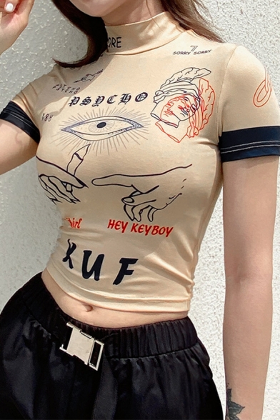 Unique Girls' Short Sleeve Mock Neck Letter XUF Cartoon Graphic Contrasted Slim Fit T-Shirt in Nude
