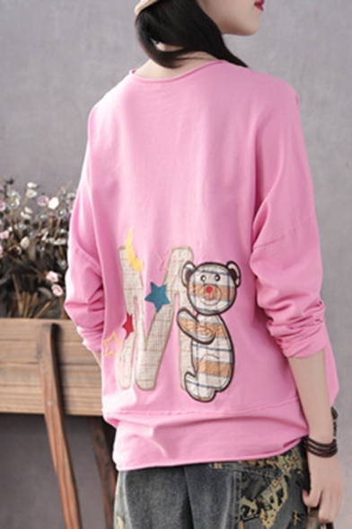 Unique Ladies Long Sleeve Round Neck Bear Letter MM Embroidery Color Block Ripped Rolled Edge Relaxed Fit T Shirt