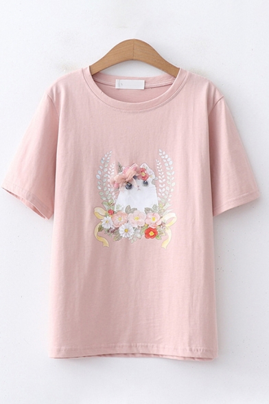 Womens Lovely Short Sleeve Round Neck Cartoon Cat Print Relaxed Fit T-Shirt