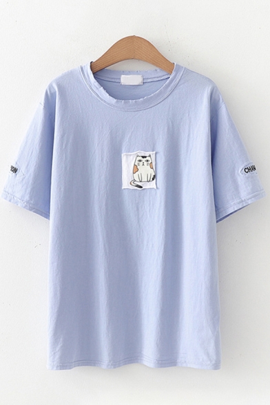 Basic Summer Womens Short Sleeve Round Neck Cat Printed Patched Loose T Shirt