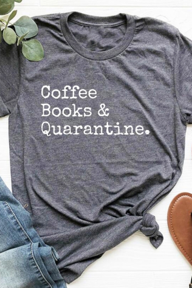 Casual Womens Short Sleeve Crew Neck Letter COFFEE BOOKS & QUARANTINE Slim Fitted Tee Top