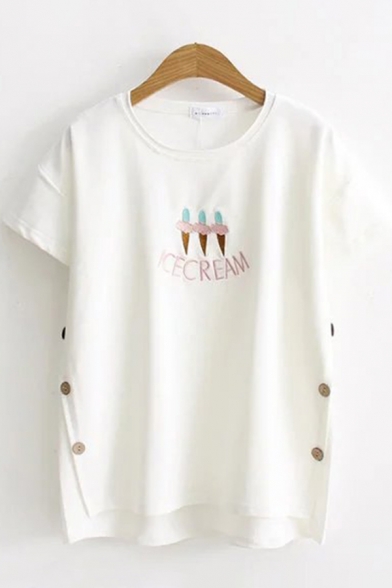 Fancy Ladies Short Sleeve Round Neck Letter ICECREAM Cartoon Embroidered Button Sides Loose Fit T-Shirt