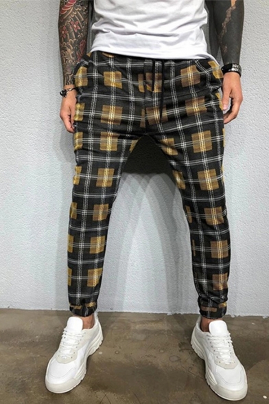 Fancy Stylish Mens Drawstring Waist Plaid Printed Ankle Length Relaxed Fit Pants