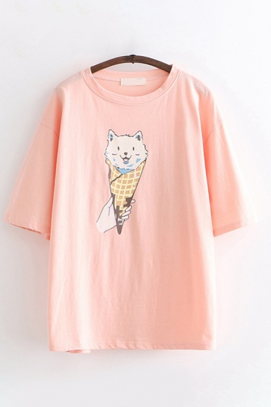 Girls Preppy Looks Short Sleeve Round Neck Cat Ice-Cream Printed Loose Fit T Shirt