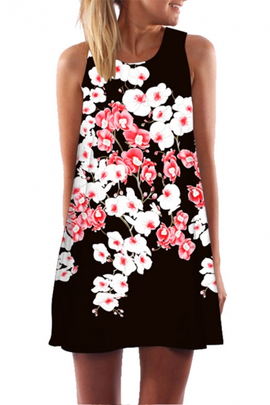 Ladies Stylish Sleeveless Round Neck Flower Printed Short A-Line Tank Dress in Black