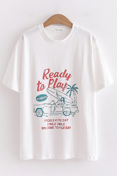 Leisure Womens Short Sleeve Crew Neck Letter READY TO PLAY Cartoon Print Loose Fit Graphic T-Shirt