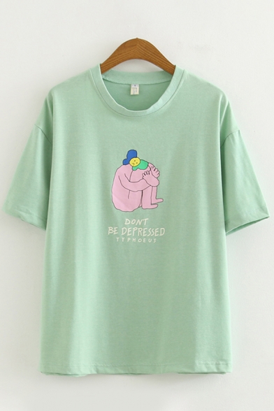 Leisure Womens Short Sleeve Round Neck Letter DONT BE DEPRESSED Cartoon Graphic Loose Fit T Shirt in Green