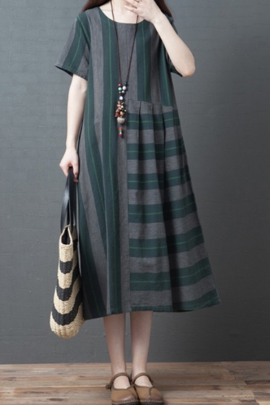 Leisure Womens Short Sleeve Round Neck Stripe Patterned Cotton and Linen Pleated Panel Maxi Oversize Dress in Green