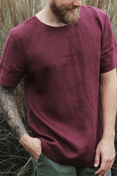 Mens Leisure Short Sleeve Round Neck Solid Color Cotton and Linen Relaxed Fit T-Shirt