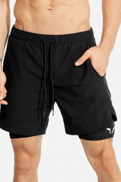 Popular Fitness Mens Drawstring Waist Logo Print Color Block Fake Two Piece Slim Fitted Shorts