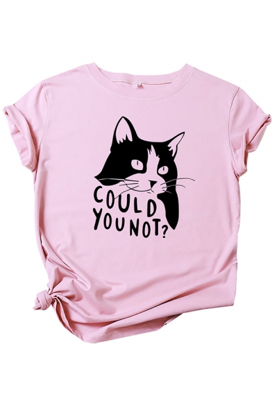 Popular Girls Rolled Short Sleeve Round Neck Letter COULD YOU NOT Cat Graphic Regular Fit T-Shirt